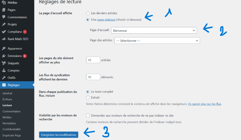 choix page accueil site wordpress