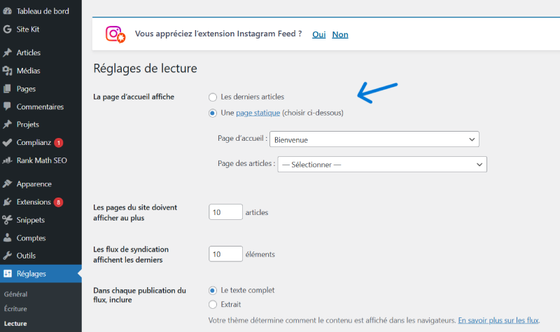 option page accueil wordpress