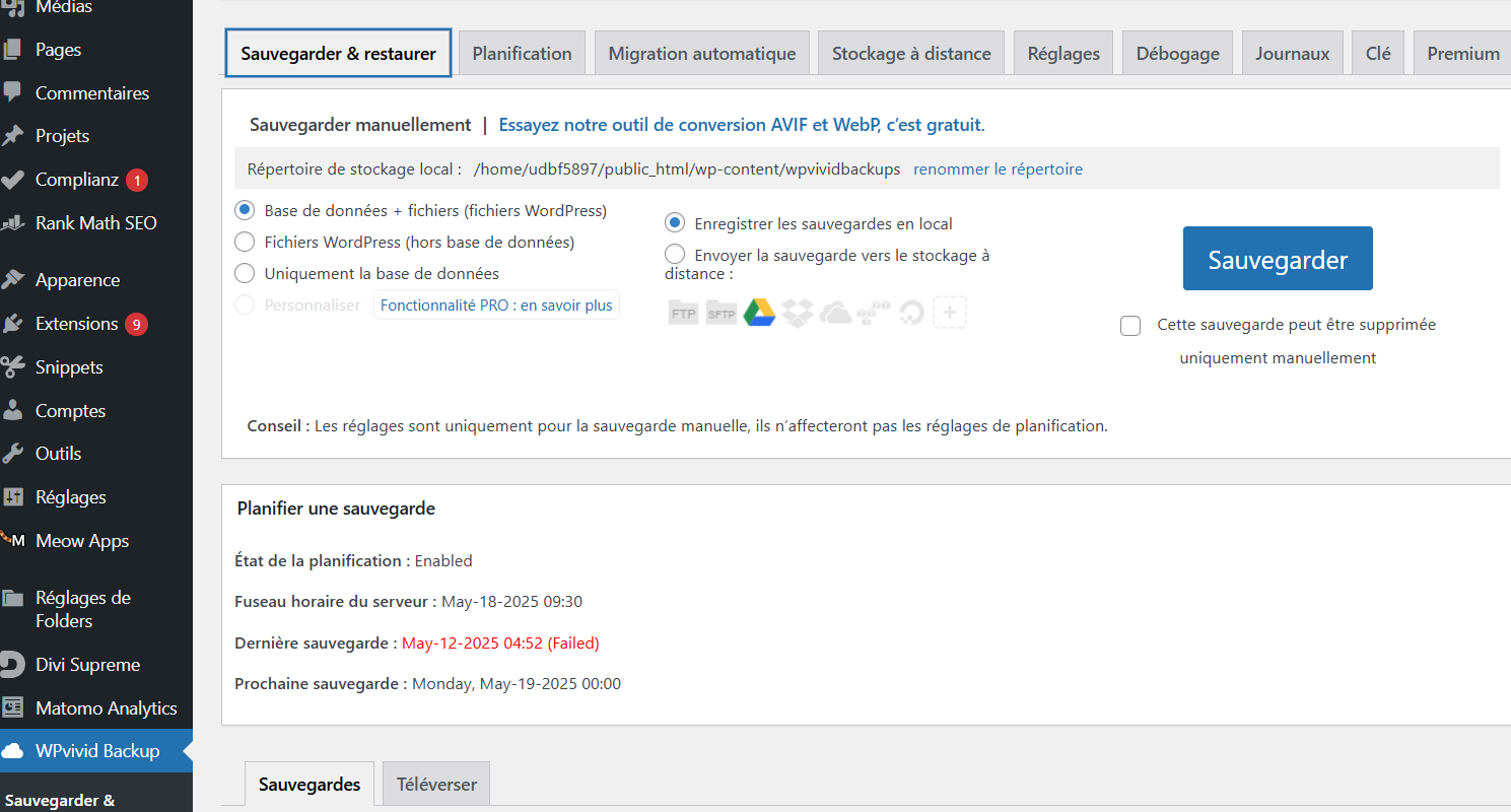 wpvivid sauvegarder et restaurer