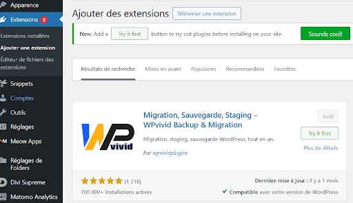 wpvivid sauvegarder site en local
